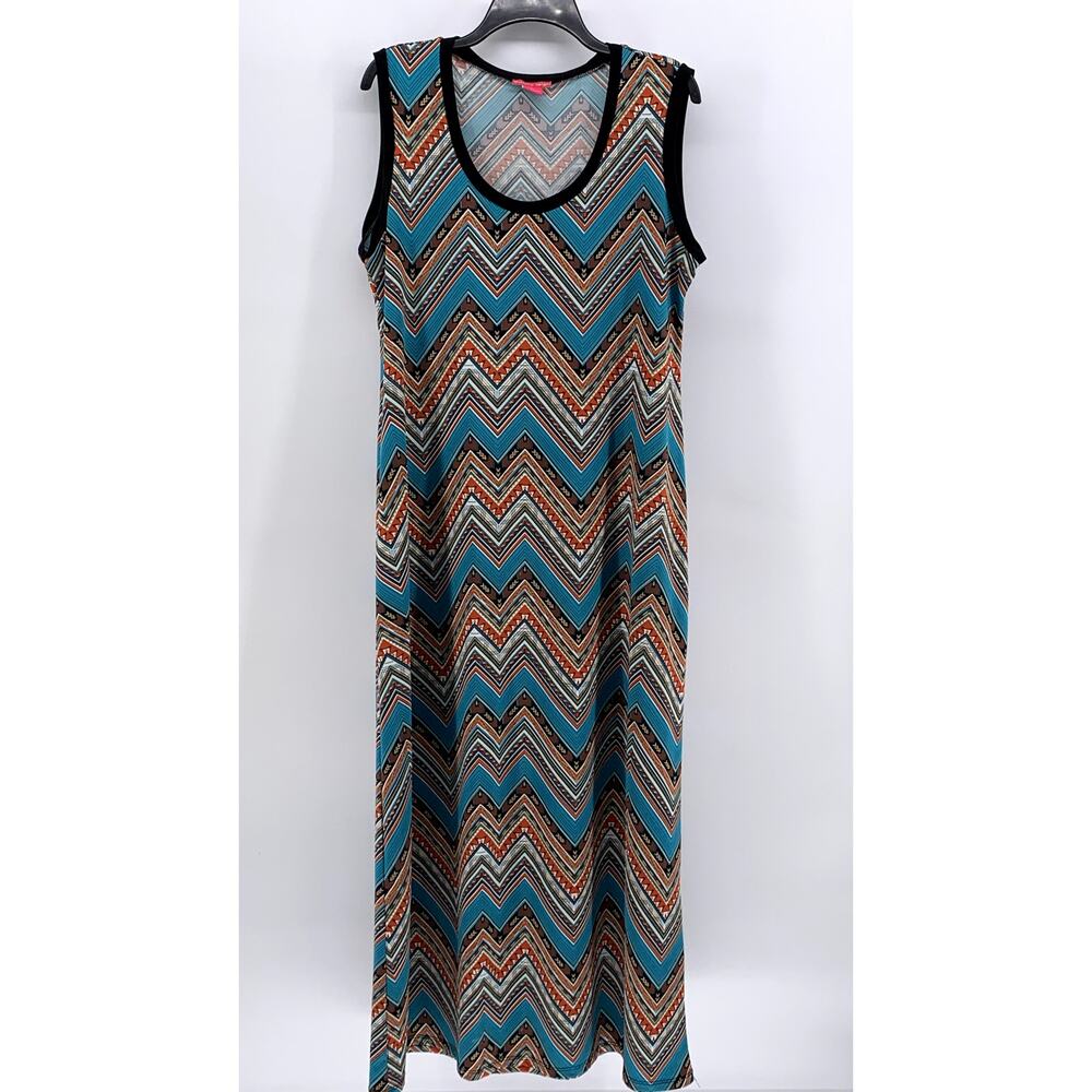 SUNNY LEIGH Women's Blue-Multi Chevron Prnt Scoop-Neck Tank Maxi Dress SZ XL